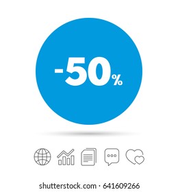 50 percent discount sign icon. Sale symbol. Special offer label. Copy files, chat speech bubble and chart web icons. Vector