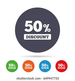 50 percent discount sign icon. Sale symbol. Special offer label. Round colourful buttons with flat icons. Vector