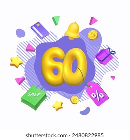 50 percent discount. Special offer icon. Sale poster. Promotion 50 percent off banner with gift box, bank card, money, stars, confetti. Vector 3d cartoon.