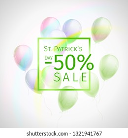 50 percent discount St. Patricks Day sale banner with flying green and white balloons, frame and rainbow on white background