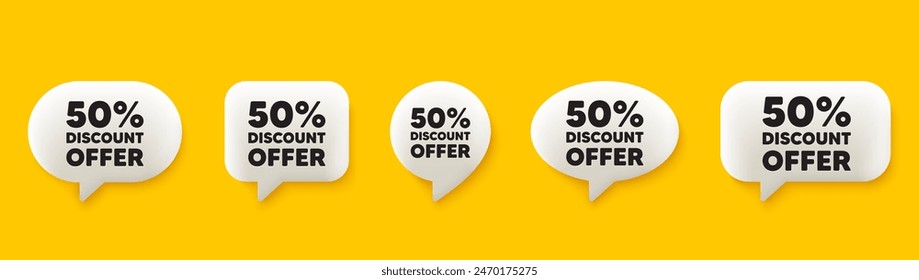 50 percent discount tag. 3d chat speech bubbles set. Sale offer price sign. Special offer symbol. Discount talk speech message. Talk box infographics. Vector
