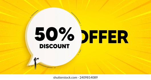 50 percent discount tag. Chat speech bubble banner. Sale offer price sign. Special offer symbol. Discount speech bubble message. Talk box background. Vector