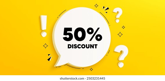 50 percent discount tag. Chat speech bubble banner with questions. Sale offer price sign. Special offer symbol. Discount speech bubble message. Quiz chat box. Vector