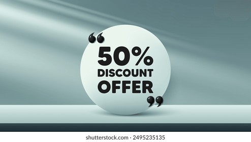 50 percent discount tag. Circle frame, product stage background. Sale offer price sign. Special offer symbol. Discount round frame message. Minimal design offer scene. 3d comma quotation. Vector