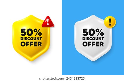 50 percent discount tag. Shield 3d banner with text box. Sale offer price sign. Special offer symbol. Discount chat protect message. Shield speech bubble banner. Danger alert icon. Vector