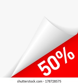 50 por ciento de descuento bajo la esquina de papel doblado