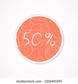 50 percent discounts inscription on decorative round backgrounds with floral pattern. Hand drawn lettering. Vector illustration. 