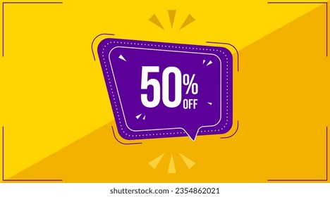 50 percent, fifty percent. Discount banner shape. Sale coupon purple bubble icon. Special offer badge. Yellow abstract background. Modern concept design. Banner with offer badge. Vector