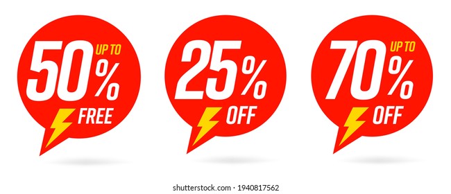 50 percent free, 25 and 70 percentage off sale label set. Red round sticky badge speech bubble shape discount special, price clearance offer vector illustration isolated on white background