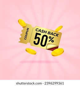 50 percent gift voucher with coupon Cash back. For business promotion sales and Discount online purchases. Tag label, sale banner with golden coin cash back. 