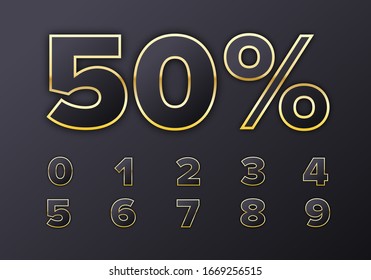 50 percent. Golden metallic numbers in luxury style with shadow on black background for sale banner. Vector isolated template.
