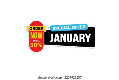 50 Percent JANUARY discount offer, clearance, promotion banner layout with sticker style. 