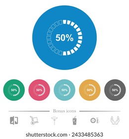 Iconos blancos planos de indicador cargados al 50 por ciento en fondos de color redondo. 6 iconos de bonificación incluidos.