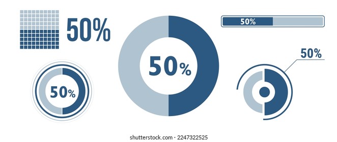 50 percent loading data icon set. Fifty circle diagram, pie donut chart, progress bar. 50% percentage infographic. Vector concept collection, blue color.