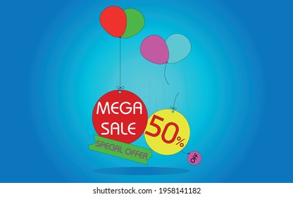 50 percent mega discount sale special offer promotion. Blue banner with floating balloons with tags