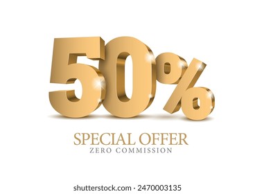 50 percent number. Fifty number in gold 3d. Poster template for discount, sale discount, work progress. Vector illustration