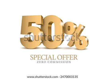 50 percent number. Fifty number in gold 3d. Poster template for discount, sale discount, work progress. Vector illustration