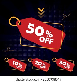 50 percent off, 10 percent, 20 percent and 30 percent off, dark blue banner, red tags for promotions and offers.