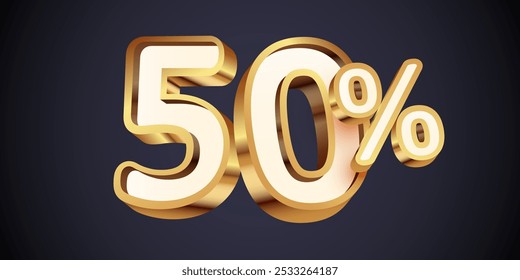 50% de desconto. 3d número dourado 50%. Banner e cartaz de venda. Ilustração vetorial.