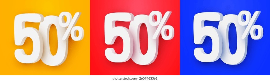 50 percent Off. 3d number 50. Sale banner. Vector illustration.