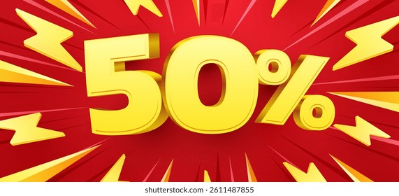 50 percent Off. 3d number 50. Sale banner. Vector illustration.