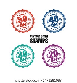 50 Percent Off, 50%, 40%, 30% Vintage Round Stamp Vector Design. Retail, Sales, Promotional, Marketing, Advertising