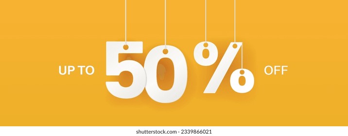 50 percent off banner. Hanging big numbers. Discount offer. Wide yellow banner. Vector illustration.