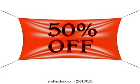 50 percent off banner stretched on wires. Vector illustration.