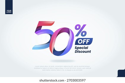 50 Percent Off Banner Vector with Modern 3D Gradient Typography for Sale Promotion