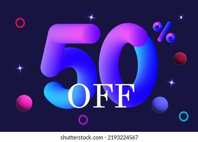 50 Percent Off. Big Discount, Advertising Promotion Of Goods, Profitable Purchases. Holiday Event,  Space Sale, Gifts And Bonuses. Vector Banner 3d. Clearance,  Rebate, Abstract Background, Flares.