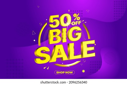 50 percent off big sale, Gold color 3D letters, Purple background, vector illustration banner