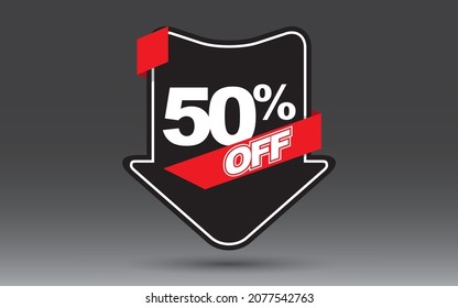 50 percent off of black friday on a black arrow red ribbon and grey background