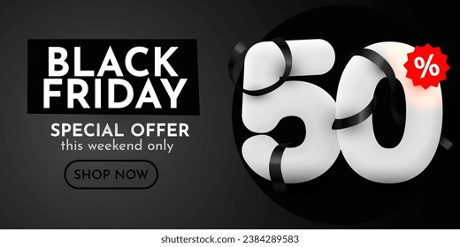50 percent Off. Black Friday Sale composition with decorative objects, balloons, golden confetti, podium. Discount banner and poster. Vector illustration.