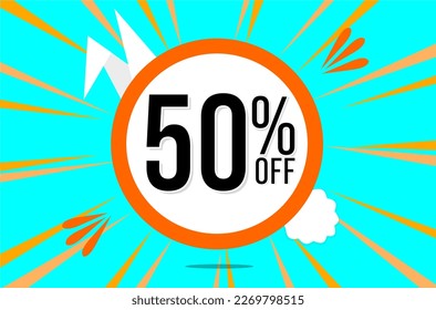 50 percent off. Blue banner with floating orange and white balloon for easter special offer and promotion.