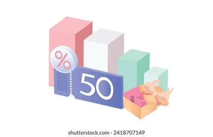 50 percent Off. Coupon and gift box.3d goal for business, bank, finance, investment, money illustrations.