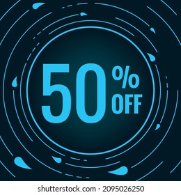 50 percent off, dark blue circle with percent off