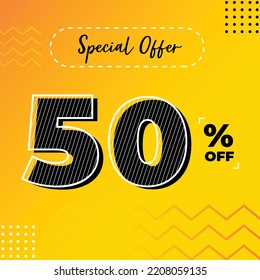 50 percent off. Design Template for Special Offer Marketing. 50% Promotional Discount. Conceptual Yellow and Orange Banner Design