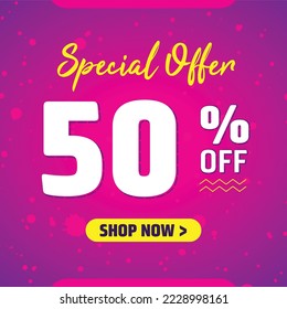 50 percent off. Design Template for Special Offer Marketing. 50% Promotional Discount. Conceptual Pink, Blue and Purple Banner Design