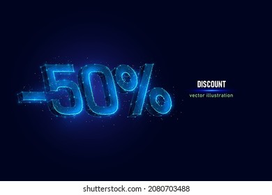 50 percent off digital wireframe made of connected dots. Holiday discount low poly vector illustration on blue background.