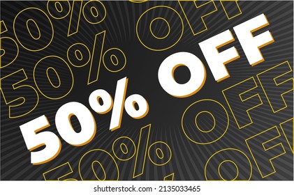 50% percent off discount black, gold and white outline with retro sunburst rays for discounts, promotion and offers