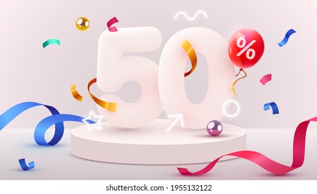 50 percent Off. Discount creative composition. 3d sale symbol with decorative objects, heart shaped balloons, golden confetti, podium and gift box. Sale banner and poster. Vector illustration.