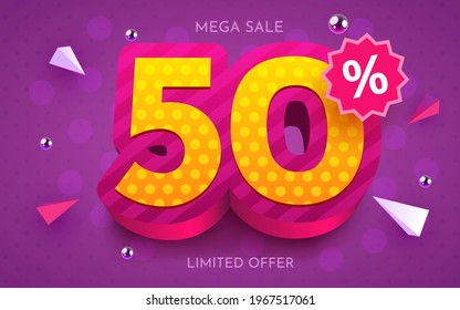 50 percent Off. Discount creative composition. 3d mega sale 50% symbol with decorative objects,. Sale banner and poster. Vector illustration.