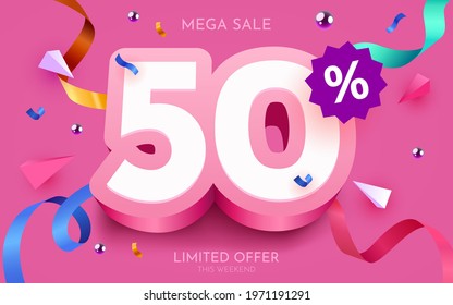 50 percent Off. Discount creative composition. 3d mega sale 50% symbol with decorative objects,. Sale banner and poster. Vector illustration.