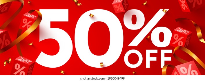 50 percent Off. Discount creative composition. Mega sale 50% symbol with decorative objects. Sale banner and poster. Vector illustration.