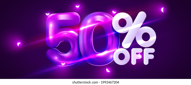 50 percent Off. Discount creative composition. 3d mega sale 50% symbol with decorative objects,. Sale banner and poster. Vector illustration.