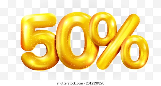 50 percent Off. Discount creative composition of golden balloons. 3d mega sale or fifty percent bonus symbol on transparent background. Sale banner and poster. Vector illustration.