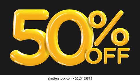 50 percent Off. Discount creative composition of golden or yellow balloons. 3d mega sale or fifty percent bonus symbol on black background. Sale banner and poster. Vector illustration.