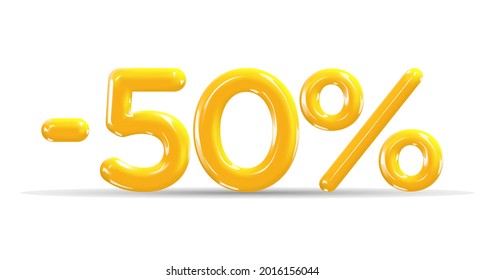 50 percent Off. Discount creative composition of golden or yellow balloons. 3d mega sale or fifty percent bonus symbol on white background. Sale banner and poster. Vector illustration.