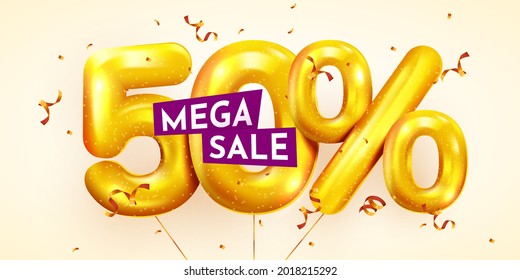 50 percent Off. Discount creative composition of golden balloons. 3d 50% mega sale or fifty percent bonus symbol with confetti. Sale banner and poster. Vector illustration.