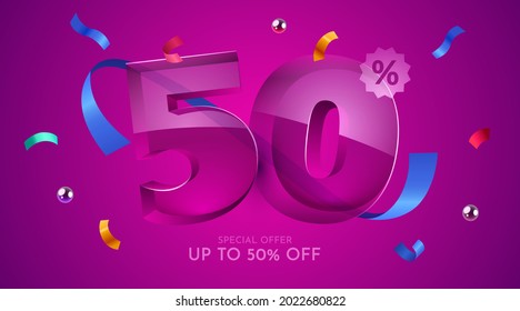 50 percent Off. Discount creative composition. 3d mega sale 50% symbol with decorative objects. Sale banner and poster. Vector illustration.